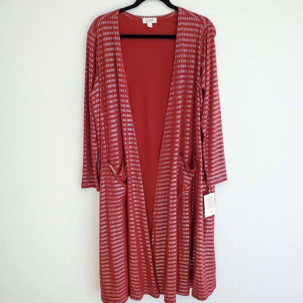 Long Duster Cardigan Lularoe Sarah Elegant collection Large Red Silver NWT